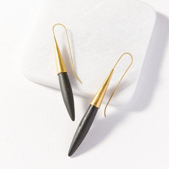 Brass ceramic modern contemporary sleek elongated spike dangle earrings