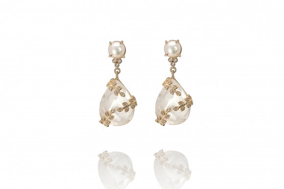 botanic Zirconia pave laurel vine bridal pearl post drop earrings