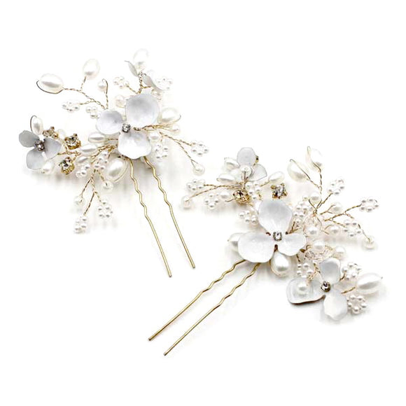 Botanic Bridal hairpin with hand-painted flowers, Swarovski pearls, and crystal beads