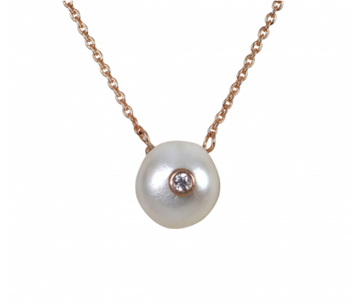A Freshwater Keshi Pearl hangs from a gold chain and features a tiny delicate pave zirconia stone