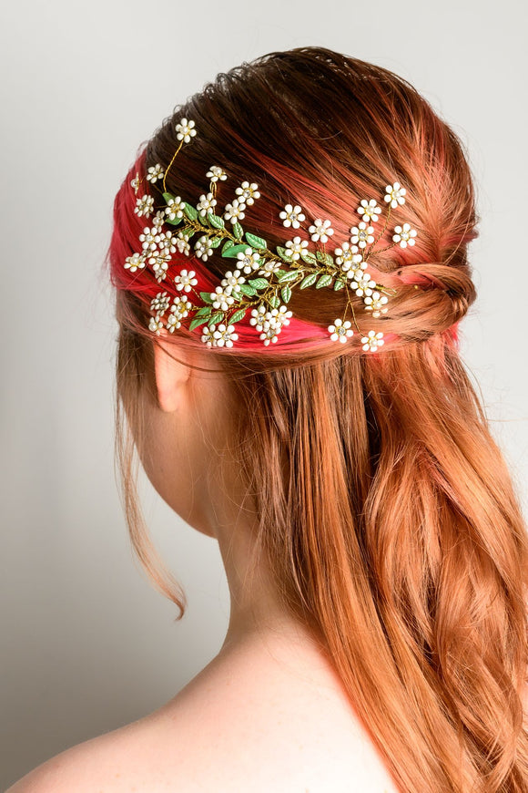 bridal head piece, bride wearing flowers in her hair, bridal hair accessory, clip on flowers, enamel flowered hair clip, bride with flowers in her hair