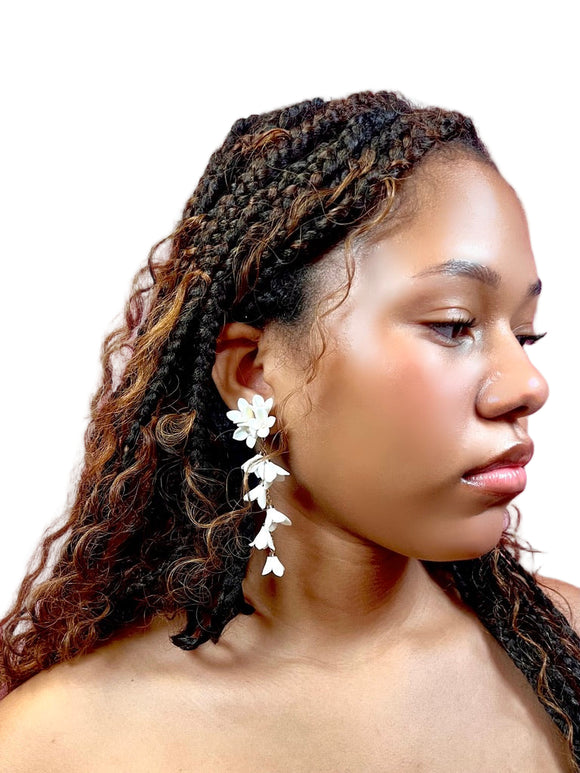 White Flower Drop Earrings With Pearl Center