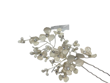 A silver flower hairpin with delicate triple-petal flowers and sparkling crystal centers on a white background