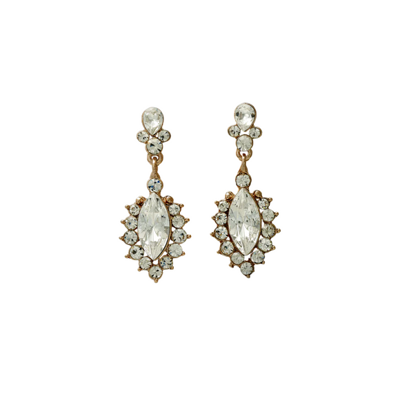 A pair of rose gold-plated marquise-shaped earrings with embellished drop crystals.