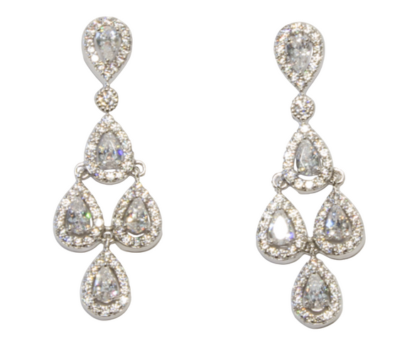 Pair of teardrop-shaped earrings with clear gemstones on a white background