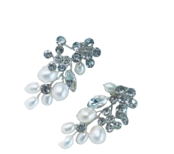 Pair of daintly pearl and crystal earrings on a white background