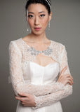 Alencon lace bridal formal vintage inspired handmade rhinestone crystal detail light jacket 