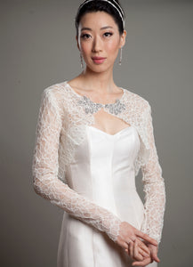 Alencon lace bridal formal vintage inspired handmade rhinestone crystal detail light jacket 