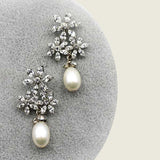 Floral crystal cluster with pearl drop silver bridal earring 