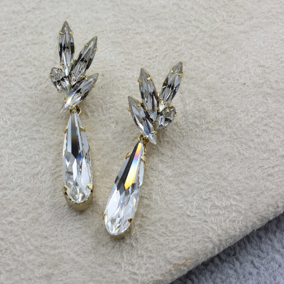 bridal crystal drop earring on post with leaf design 