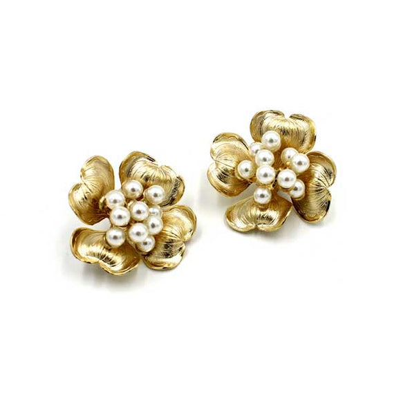 Gold dogwood 4 petal flower blossoms with pearl cluster post bridal earrings
