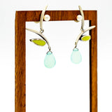 blue and green matte sterling silver botanical branch earring with pearls and calcedony