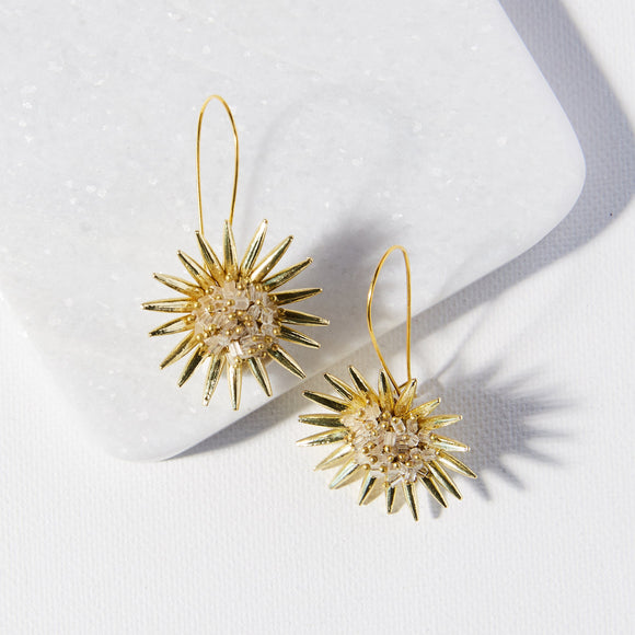 Brass seed bead glass starburst modern stylish contemporary gold earrings