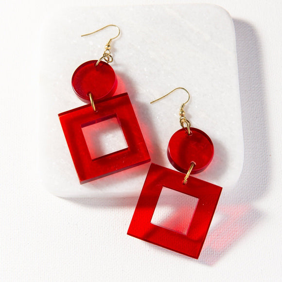 Red lucite square and circle drop earring translucent clear lucite acrylic geometric modern contemporary stylish earrings brass fishhooks