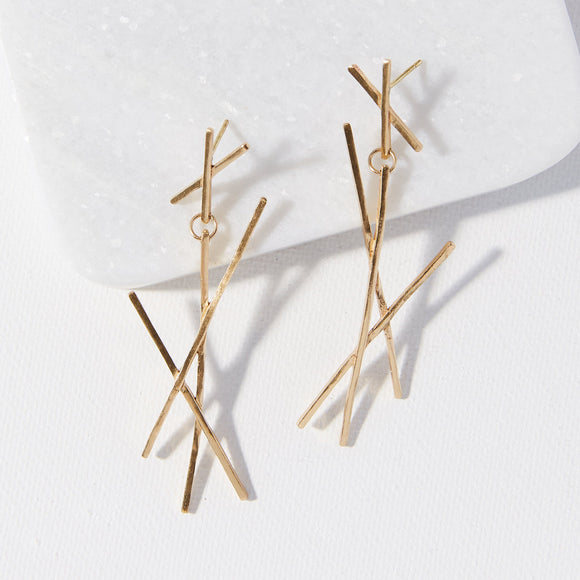 Brass lead-free stylish contemporary modern sticks stacks dangle earrings