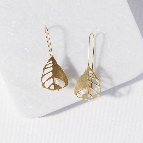 Brass stylish modern contemporary botanical natural leaf dangle earrings