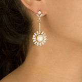 sunburst starburst daisy pearl and zirconia rhinestone bridal gold drop earring