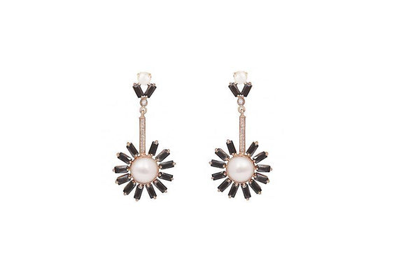 gold daisy drop earrings made with pearl and black zirconia