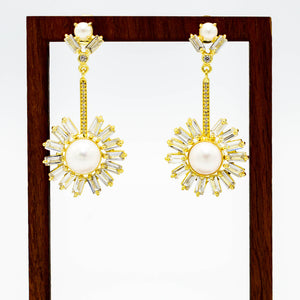 sunburst starburst daisy pearl and zirconia rhinestone bridal gold drop earring