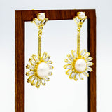 sunburst starburst daisy pearl and zirconia rhinestone bridal gold drop earring