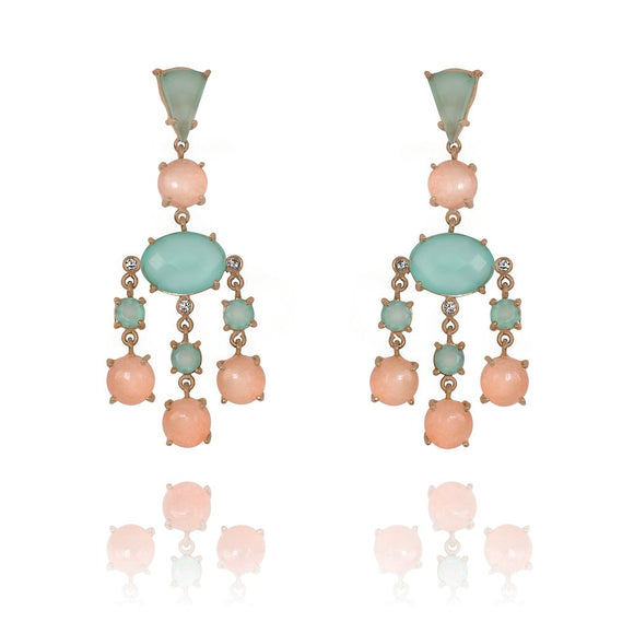 Blue Aqua and Orange Jade geometric gem stone chandelier earrings 