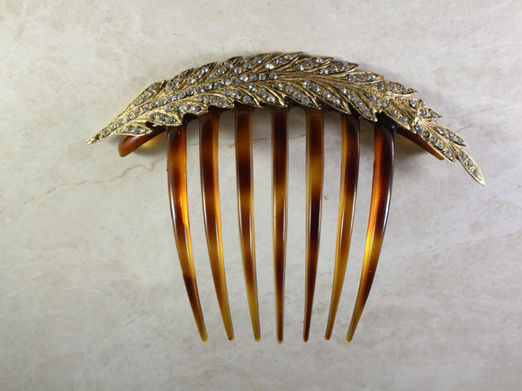 vintage inspired gold crystal encrusted feather tortoise comb for a french twist updo