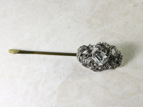 vintage-inspired silver rhinestone encrusted brass bobby pin.