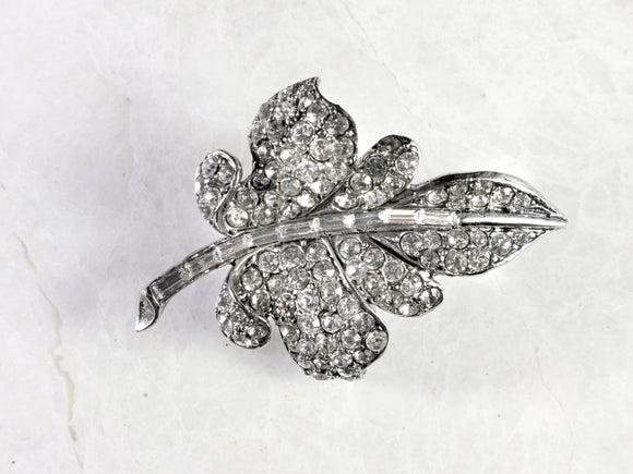 hollywood glam art deco vintage inspired silver leaf hair clip with baguette rhinesone crystals