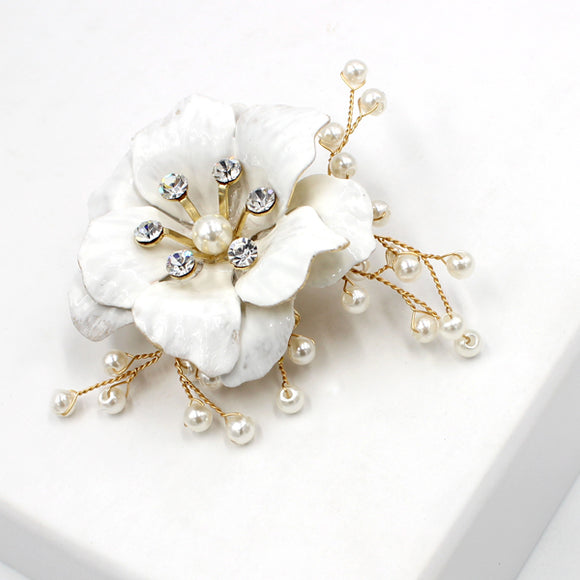 handpainted white flower hairpin with Swarovski pearls and crystals on an alligator clip
