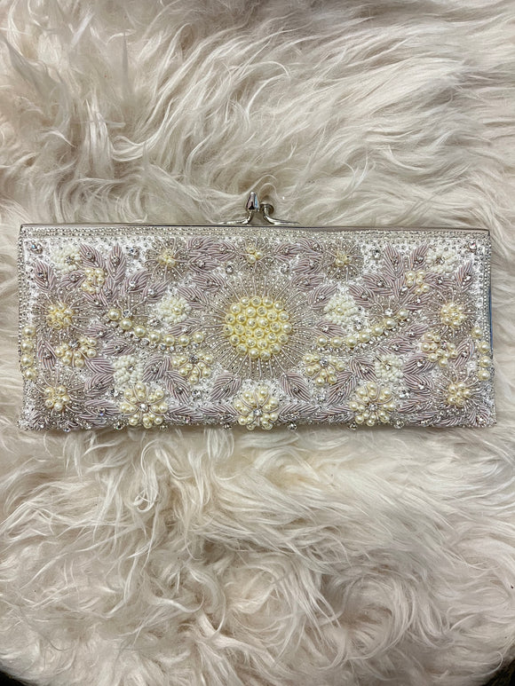 Floral Beaded Ivory Clutch