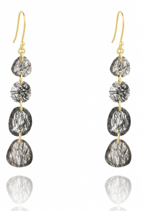 linear drop earring with labradorite on a fish hook.