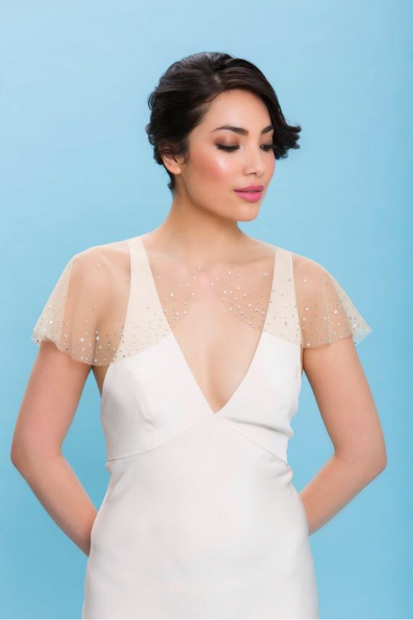 sheer bridal mini short cover up cape with hook closure and delicate crystals