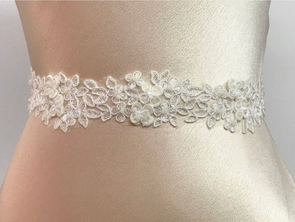 sequin and bead detailing, is a beautiful lace belt that is a lovely addition to simple, classic wedding gowns