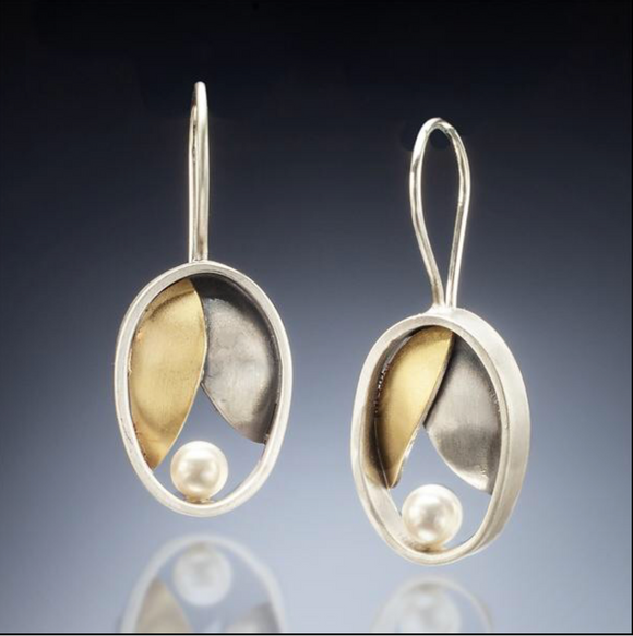 silver and gold mixed metal budding leaf pearl modern earring