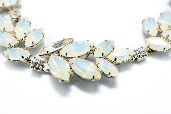 Swarovski opal leaf cluster silver bridal necklace