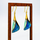 gold earring with green and blue leaf 