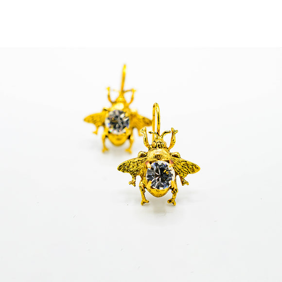 brass and crystal vintage inspired bee fish hook earrings 