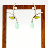 blue and green matte sterling silver botanical branch earring with pearls and calcedony