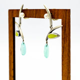 blue and green matte sterling silver botanical branch earring with pearls and calcedony