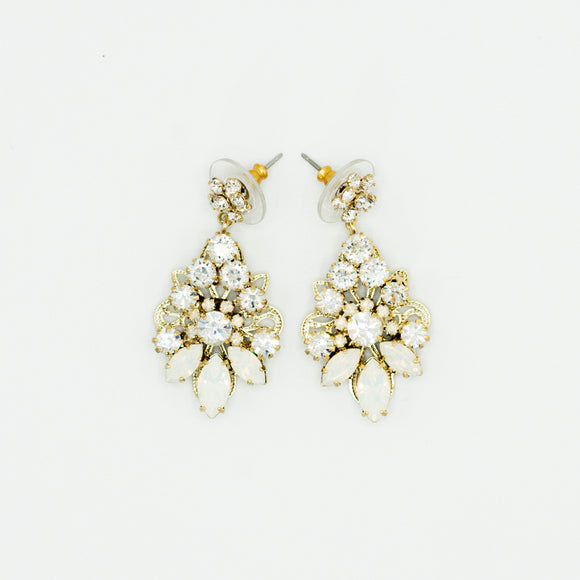 Gold bridal floral earring with opal and crystals