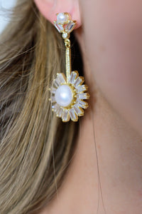 gold daisy drop earrings made with pearl and black zirconia