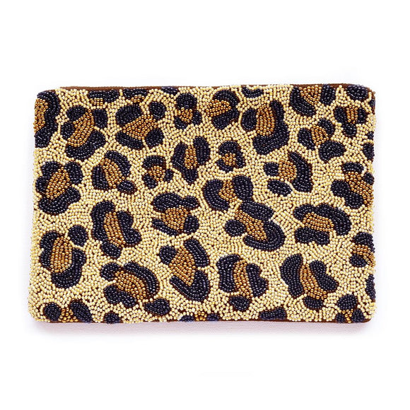 Beaded cheetah glass seed bead clutch bag purse