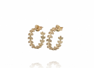 delicate hoop earrings in a laurel pattern with tiny pave zirconia stones