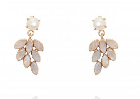 Leafy  moonstone cluster pearl drop gold bridal earrings