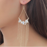 Glam rock moonstone and zirconia thinestone bridal chandelier earrings with chains delicate chandelier