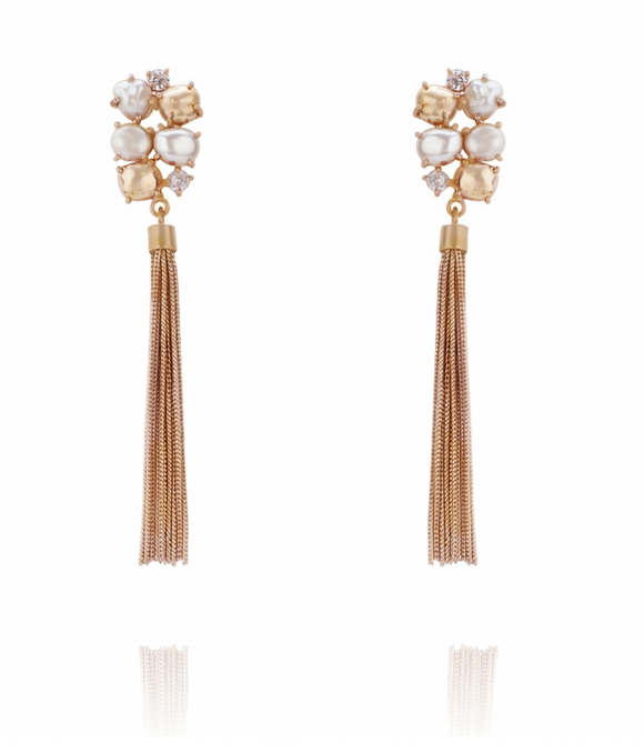 Gold keshi baroque pearl with zirconia and gold chain tassel holiday and bridal earring