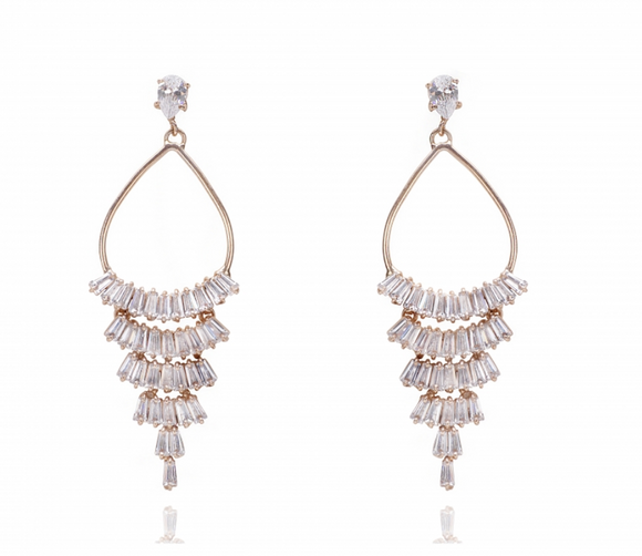 Gold bridal chandelier earrings with an open loop and rows of baguette Zirconia