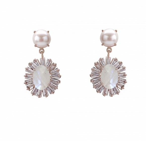 Baguette-cut Zirconia burst from a natural moonstone drop, dangling from a pearl post bridal earring