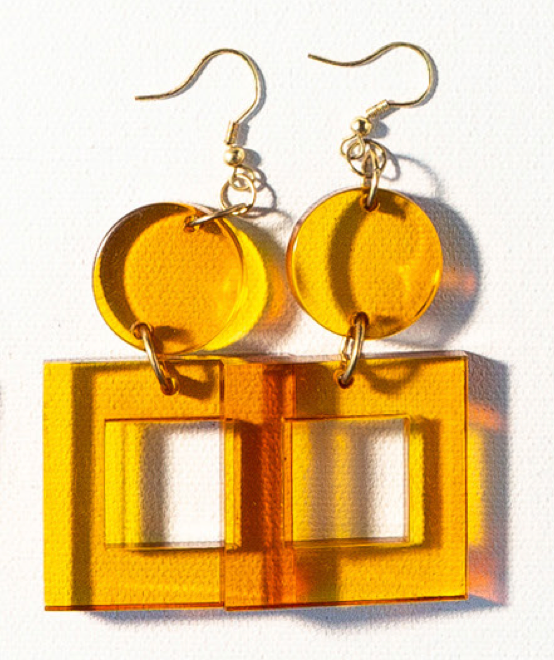 Amber lucite geometric square circle dangle modern contemporary translucent earrings