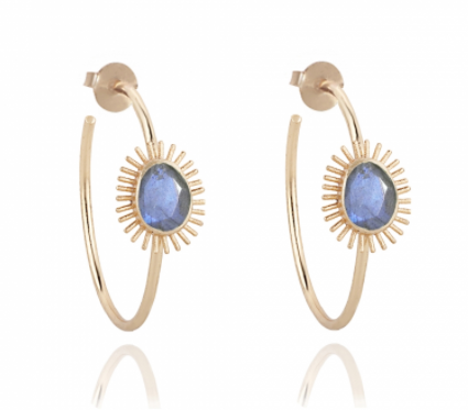 Gold hoop earrings featuring a blue grey labradorite gem stone.